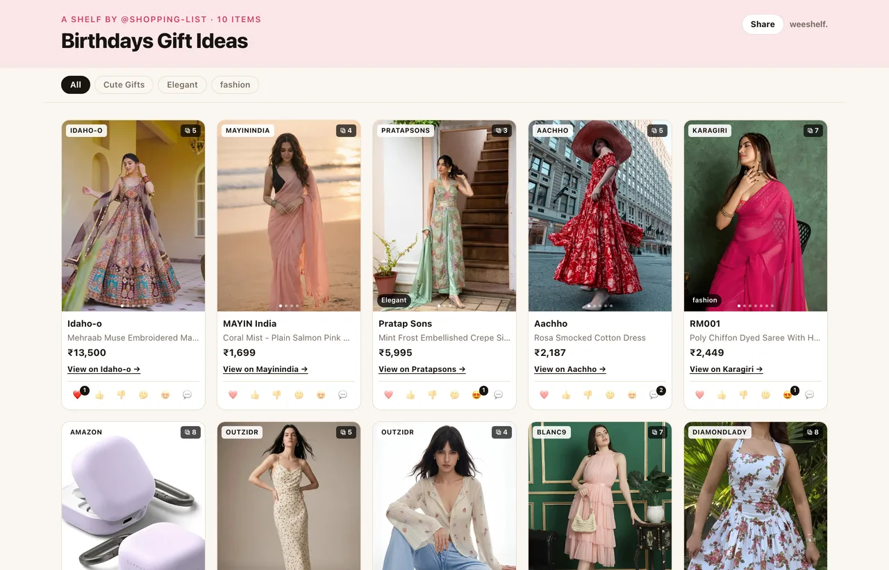 A shared shelf showing ten products from different shops as cards, each with the shop name, a photo, the price, a link out to the shop, and a row of reaction buttons.