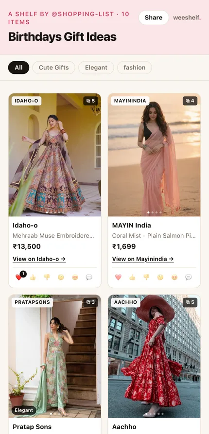 The same shelf on a phone: a single column of product cards with photos, prices and reaction buttons.